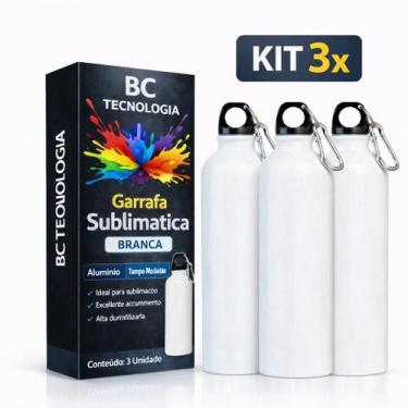 Imagem de Kit 3x Garrafa de Alumínio Branca com Tampa Mosquetão para Sublimação 