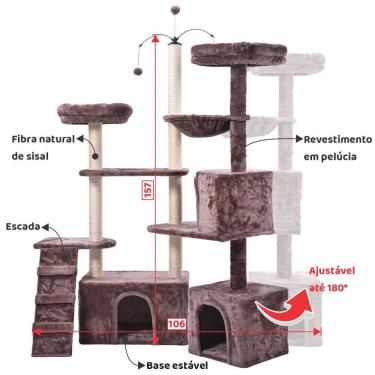 Imagem de Arranhador de gato grande, luxuoso, ajustável, multifuncional com casas, camas, cesto, poleiros e brinquedo giratório