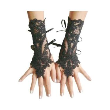 Imagem de Luvas Femininas De Renda Sem Dedos Para Casamento Brancas E Pretas De 