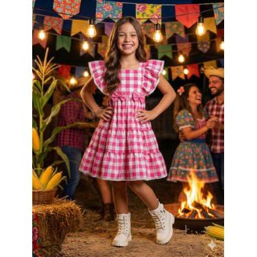 Imagem de Vestido Infantil Banana Club Aline Xadrez Rosa para Festas Juninas, Ca