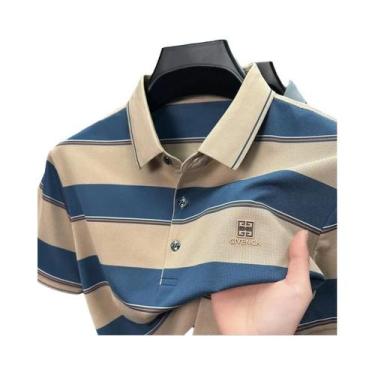 Imagem de Camisa Polo Masculina De Luxo Leve Com Listras E Blocos De Cor, Manga 
