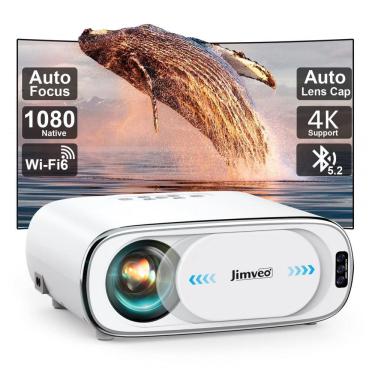 Imagem de Projetor Portátil Jimveo E30 Branco Foco Automático Keystone 6D 1080P Suporte 4K WiFi 6 Bluetooth 1500 Lúmens