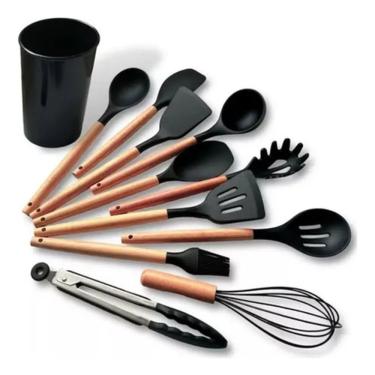 Imagem de Kit Utensílios de Cozinha Kit 12 Peças em Silicone e Cabo de Madeira Que Não Risca Pane...