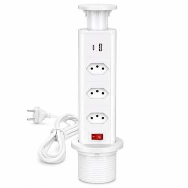 Imagem de Torre De Tomadas 20A Multiplug com 3 tomadas Usb + Usb C de Embutir Mesa Bancada escritorio (BRANCA)