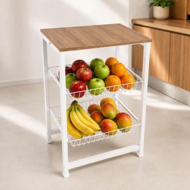 Imagem de Fruteira De Chão 2 Gavetas Organizador De Cozinha Com Tampo De Madeira