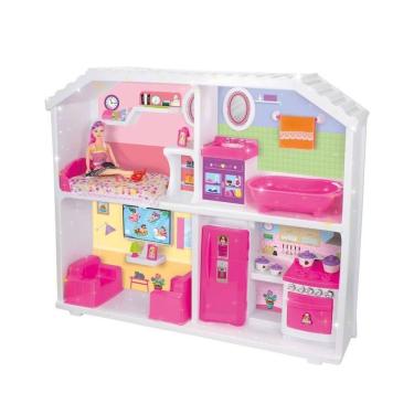 Imagem de Casinha Infantil Doce Encantada Quarto Cozinha Banheiro Sala com Móveis Fixos e Boneca Articulada Branco com Rosa Lua