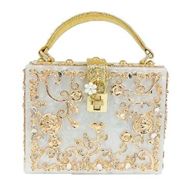 Imagem de Boutique De FGG Bolsas de ombro femininas com design de acrílico e flor, bolsa tiracolo com strass, bolsa para noite, pequena, Branco, Medium