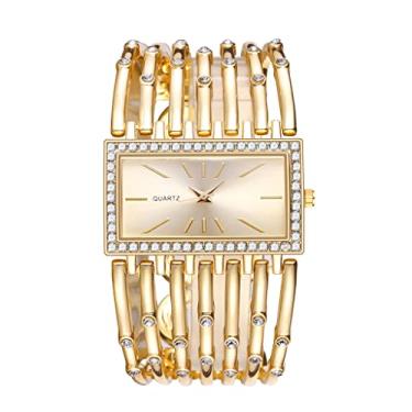 Imagem de Relógio de pulso feminino moderno com mostrador retangular de luxo analógico de quartzo para presente feminino, Diamante, ouro, Moda