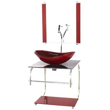 Imagem de GABINETE DE VIDRO CUBA OVAL 40CM INOX MARMORE AVERMELHADO COM TORNEIRA CROMADA