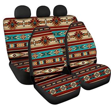 Imagem de Renewold Capa para assento de carro étnico asteca universal, listrada, colorida, 4 peças, capas de assento para banco traseiro para carro, SUV e caminhão