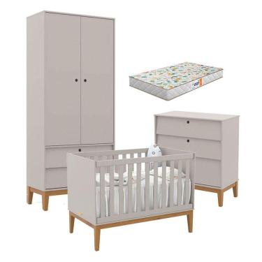 Imagem de Quarto de Bebe Unique 2 Portas com Cômoda Gaveteiro Cinza Eco Wood e Colchão Gazin - Matic