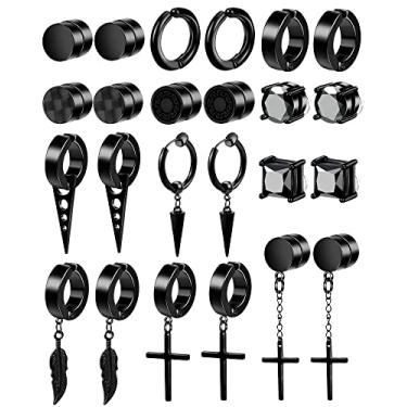 Imagem de ONESING 12 pares de brincos magnéticos pretos: designs de encaixe, argola e pingente - conjunto sem piercing para homens e mulheres, Aço inoxidável, Zircônia cúbica