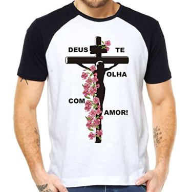 Imagem de Camiseta deus te olha com amor evangelico fé camisa Cor:Preto com Branco;Tamanho:M