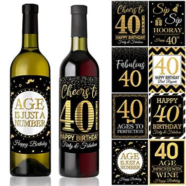 Imagem de 40 peças adesivos de rótulos de garrafa de vinho de feliz aniversário de 40 anos, ouro e preto 1981 aniversário marco alegria a 40 anos decoração de festa para mulheres adultas homens marido suprimentos de festa de 40 anos
