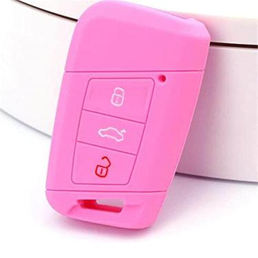 Imagem de YJADHU Capa de chave de carro masculina feminina capa de silicone para chave automática suporte de pele, apto para VW Tiguan MK2 Passat B8 B7 CC Skoda Superb A7, rosa