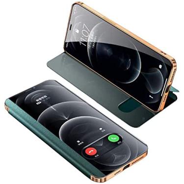 Imagem de CYSUE Capa de função stent para Apple iPhone 12 Mini (2020) 5,4 polegadas, janela de visualização clara fólio capa de telefone de couro à prova de choque (cor: verde)