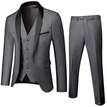 Imagem de Blazer masculino de 3 peças calças de terno noivo festa de casamento slim fit conjunto de jaqueta blazer de negócios conjunto de terno de escritório roupa de trabalho, cinza, M
