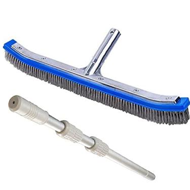 Imagem de Escova de piscina resistente ferramenta de limpeza de degraus de piso de parede cerdas de nylon vassoura de jardim com alça de alumínio esfregador removedor de algas, prata, 45 cm