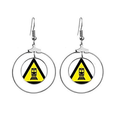 Imagem de Símbolo de aviso amarelo preto trem triângulo brincos pendentes joia círculo gota