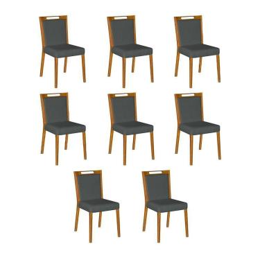 Imagem de Kit 8 Cadeiras Jantar Luxo Estofadas Linho Chumbo Cristal Base Madeira Maciça Mel - Cor: Cinza