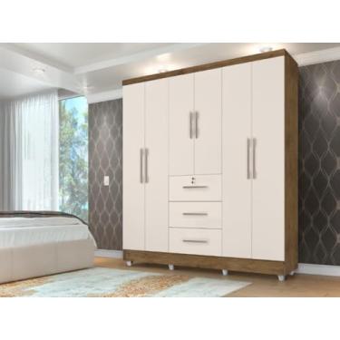 Imagem de Roupeiro/Guarda Roupas/Armário TOK 6 Portas 1.80m Amplo Espaço Interno Puxadores em Madeira e Gaveta com Chave Cor Jequitiba/Off White