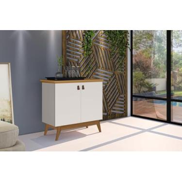 Imagem de Buffet/Balcão/Bancada/Aparador ABS Estilo Retrô Com Pés em Madeira e Puxadores em Couro 2 Portas Com Prateleira Interna Cor Off White/Nature