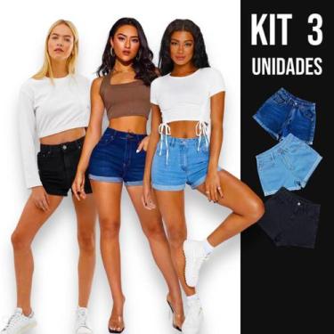 Imagem de Kit 3 Shorts Jeans Lisos Femininos Bermuda Bolsos Casual Elastano Top
