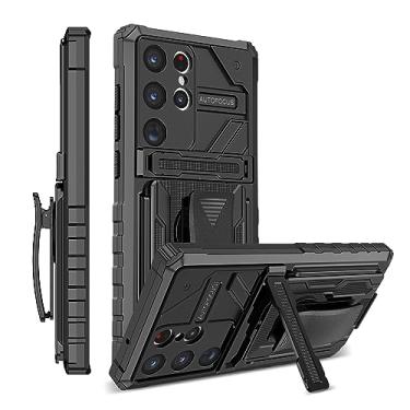 Imagem de YOUULAR Capa compatível com Samsung Galaxy S23 Ultra Hard PC + TPU macio + suporte + clipe dorsal à prova de choque anti-queda capa protetora para celular S23 ultra militar suporte oculto, preto
