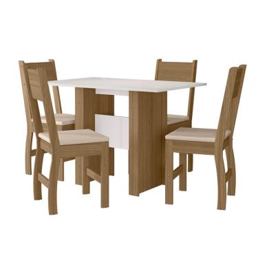 Imagem de Conjunto de Mesa de Jantar Retangular com Tampo MDP Off White e 4 Cadeiras Milano Revestimento Sintético Bege e Carvalho