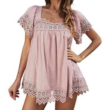 Imagem de Blusas femininas de malha de renda plus size manga curta sexy blusas de algodão de verão camisas rodadas túnica básica, rosa, M