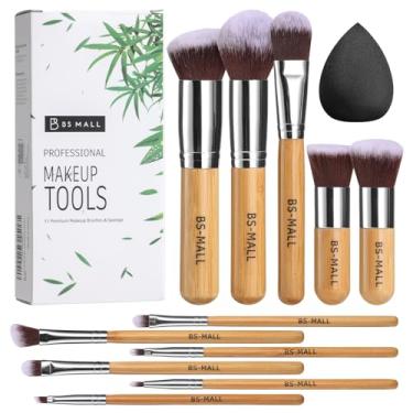 Imagem de BS-MALL Conjunto de pincéis de maquiagem 11 peças de bambu sintético Kabuki conjunto de pincéis para base em pó, corretivo, sombras, pincéis de cosméticos blush com bolsa organizadora