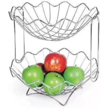 Imagem de Fruteira de mesa Dupla Redonda Aramada Premium De Bancada Organizadora Multiuso de Aço Inoxidável Cromada Prata