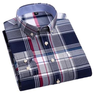 Imagem de Camisa masculina xadrez casual de algodão manga comprida ajuste regular fácil de cuidar, não passar a ferro, outono, primavera, roupas masculinas, H-h-528, 3G