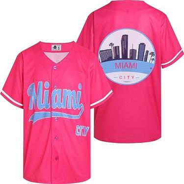 Imagem de Camisetas de beisebol DEHANER City para homens e mulheres camisas casuais de botão roupas urbanas para fãs, Camiseta rosa quente Miami City, GG