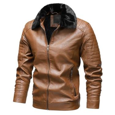Imagem de Jaqueta masculina de lã, de couro, com gola de pele removível, jaqueta de motocicleta, casaco quente casual, Cáqui, XX-Large