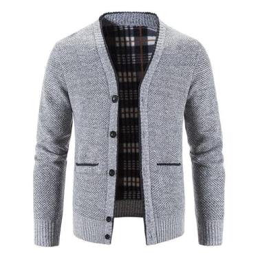 Imagem de Cardigã masculino trespassado suéter de malha com bolso canelado manga longa casual, Cinza-claro, M