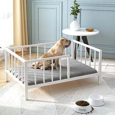 Imagem de OSCHF Cama para cachorro com trilhos – Estrutura de cama de metal elevado para animais de estimação com placa de madeira maciça e tapete macio lavável para uso interno ou externo de cães médios, 64 x