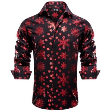Imagem de Hi-Tie Camisa social masculina vintage de manga comprida, ajuste regular, camisas de botão para festa casual e formatura, Preto, vermelho, 3G