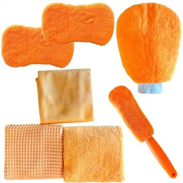 Imagem de Kit Limpeza Lavagem Automotiva Luva Microfibra Esponja Escova De Rodas Pano Secagem Conjunto 7 Peças Para Lavar Lavação Carro Moto Profissional Anti Riscos (7, Laranja)