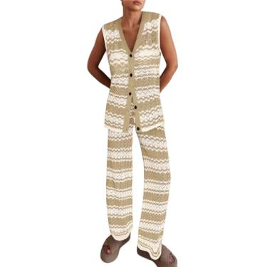 Imagem de Imily Bela Conjunto feminino de malha de 2 peças, conjunto de roupas de verão sem mangas, colete e calça larga listrada, Caqui, X-Large