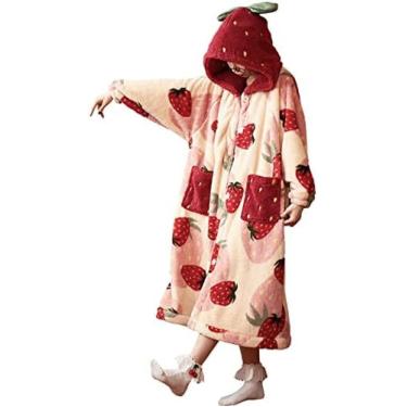 Imagem de Cobertor vestível para presentes, cobertor com capuz, pijama, manta de TV, manta de lã coral, roupão de banho de morango mais grosso para mulheres, meninas, adolescentes, presente de dia dos