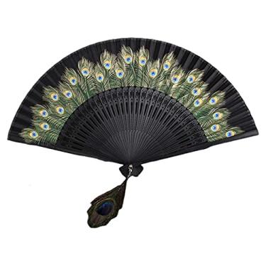 Imagem de YQHWLKJ Ventiladores de mão com estampa de pavão estilo chinês, leque dobrável de seda para dança, festa, presentes de casamento, decoração DIY, decorações de casa