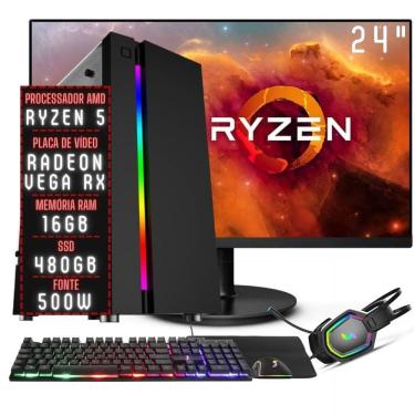 Imagem de PC Gamer Completo 3green Force AMD Ryzen 5 16GB DDR4 Placa de vídeo Radeon RX SSD 480GB Monitor 24" 75Hz Fonte 500W 3GFO-044