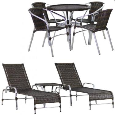 Imagem de Kit 4 Cadeiras Floripa e Mesa Tampo Tramado com 2 Espreguiçadeiras Catar e Mesa Piscina, Jardim, Varanda, Área