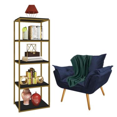 Imagem de Kit Poltrona Fatte com Manta Soft Verde e Estante Livreiro Ferro Dourado MDF Preto Suede Azul Marinho - Ahz Móveis