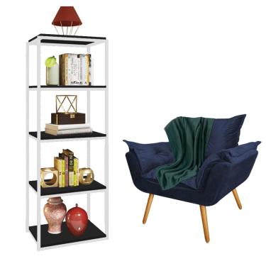 Imagem de Kit Poltrona Fatte com Manta Soft Verde e Estante Livreiro Ferro Branco MDF Preto Suede Azul Marinho - Ahz Móveis