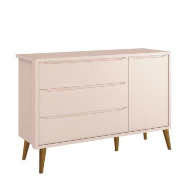 Imagem de Cômoda Infantil 1 Porta E 3 Gavetas Theo Retrô Rosa Fosco Com Pés Amadeirado - Reller Móveis Rosa Fosco