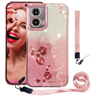 Imagem de CCSmall Capa para Motorola Edge 50 Fusion - Cordão transversal removível e alça de pulso - Ajuste fino e acabamento metálico - Floral Diamante - Ouro rosa