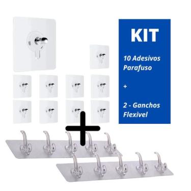 Imagem de KIt com 10 Pregos Parafuso Adesivo e 2 Cabides Com 6 Ganchos Flexivel 
