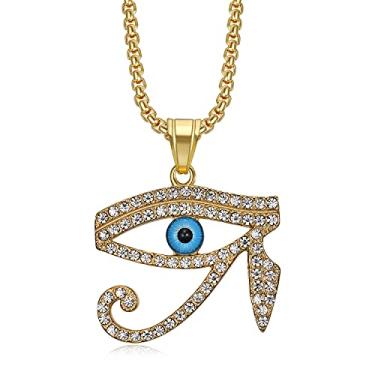 Imagem de NEGS Colar de aço inoxidável com pingente de símbolo maçônico do Egito Olho de Hórus com zircônia cúbica para homens e mulheres, corrente de 61 cm maçônica azul olho turco joia presente, Large, Aço